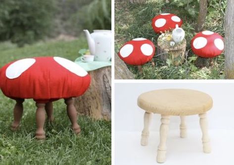 make one of these "toadstools" for the boys room - get stool from garage sale or savers/good will Diy Toadstool, Woodland Room, Mario Room, Woodland Bedroom, Fairy Bedroom, Fairy Nursery, Fairy Room, Creative Gardening, Woodland Theme