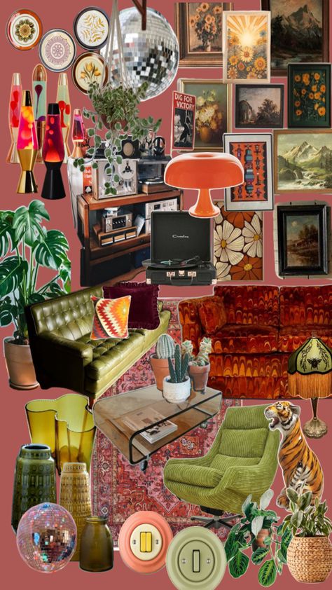 Vintage Hollywood Decor, Lake Apartment, Living Mood Board, Moody Eclectic, 70s Living Room, 90s Decor, Colorful Homes, 70s Interior, Chill Zone