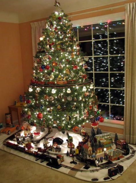 Train Under Christmas Tree, Train Around Christmas Tree, Village Tree, Christmas Tree Train, Christmas Tree Base, Christmas Tree Village, Tree Display, Toy Trains, Christmas Layouts