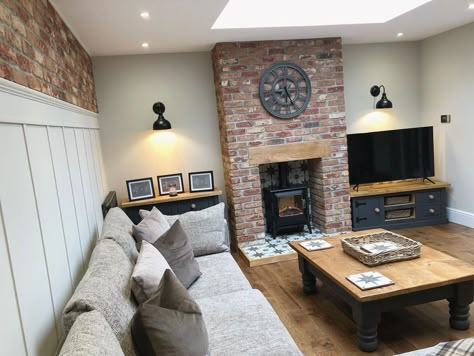 Exposed Brick Living Room, Exposed Brick Fireplaces, Brick Fireplace Wall, Brick Slip, Wood Burning Stoves Living Room, House Renovation Design, Log Burner Living Room, Brick Living Room, Red Brick Fireplaces