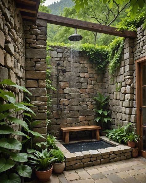 20 Refreshing Rustic Outdoor Shower Ideas To Bring The Spa To Your Backyard – ToolzView Hot Tub Shower Combo, Rustic Outdoor Shower Ideas, Rustic Showers, Forest Lounge, Stone Shower Floor, Agro Tourism, Bathroom Sauna, Design A Garden, Outside Showers