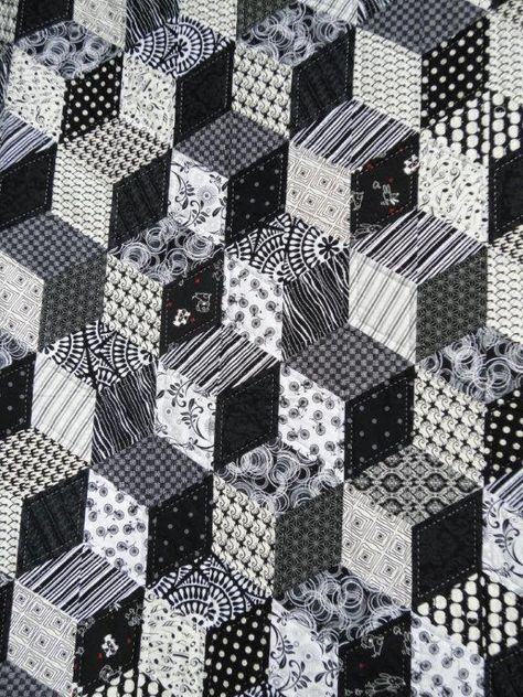 Black and white tumbling blocks quilt by Wendy Welsh | Wendy's quilts and more.  2014 Bloggers Quilt Festival. Black And White Quilts Patterns, Diamond Quilts, Illusion Quilts, Tumbling Blocks Quilt, Optical Illusion Quilts, Colchas Quilting, Crochet Handles, Pink Quilt, Block Quilts