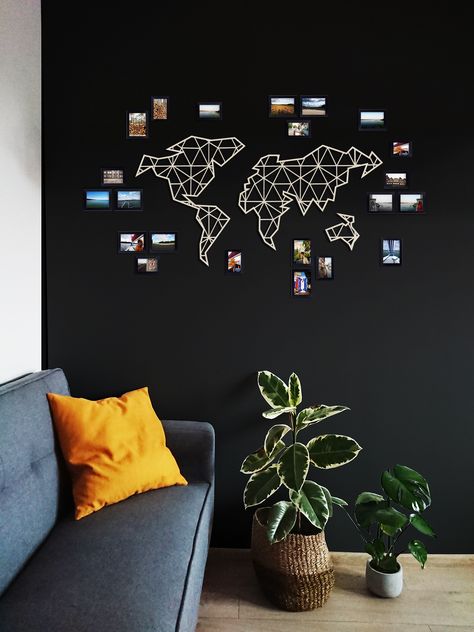 #plywood #wallart #photomap Geometric World Map, Metal Trellis, Polaroid Wall, Large Metal Wall Art, Metal Tree Wall Art, Map Of The World, World Map Wall Art, Art Carte, Map Decor