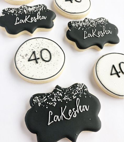 Black, white and silver cookie set for a 40th birthday 🖤 @jillssweetcreations Black And White 40th Birthday Decor, 40th Birthday Black And White, Black And Silver Birthday Cookies, Black And White Decorated Cookies, Black And White Birthday Cookies, Black Birthday Cookies, Black And White 40th Birthday Party, 40th Birthday Cookies, Bday Cookies