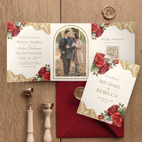 Wedding Card Writing, Qr Code Photo, Red Gold Wedding, Foliage Garden, Rsvp Website, Simple Wedding Cards, Red And White Weddings, Ros Gold, Table Decorating