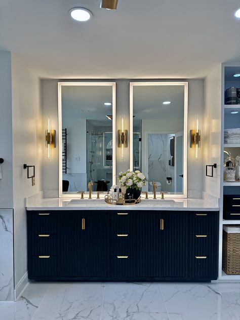 Double Mirror With Sconces, Bathroom Sconces Double Vanity, Black Cabinets Bathroom, Cozy Sitting Area, Toothbrush Holder Wall, Fall Living Room, Living Room Styles, Restroom Decor, Christmas Decorations Living Room