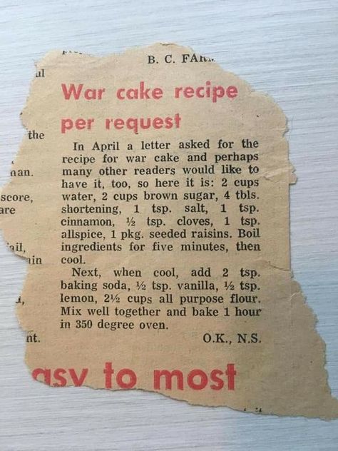 Lane Cake, Wartime Recipes, Wacky Cake, Heirloom Recipes, Gateaux Cake, Vintage Cooking, Old Fashioned Recipes, Retro Recipes, Old Recipes