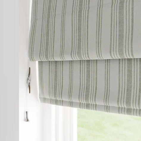 Country Cottage Roman Blinds, Roman Blind Kitchen, Striped Blinds, Bedroom Blinds Ideas, Kitchen Paneling, Window Finishes, Small Upstairs Hallway, Living Room Victorian House, Roman Blinds Bedroom