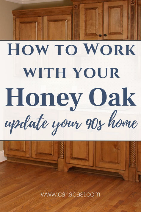 Fresh ideas to update your 90s home. How to work with your honey oak cabinets and trim. 90s home update | 90s home update diy | 90s home update on a budget | update a 90s home | updates to 90s home | easy 90s home updates | how to update your 90s home | 90s style home update | 90s home decor update | how to update a 90s home | honey oak kitchen | honey oak trim | oak kitchen | wood trim | wood cabinets | oak cabinets | oak cupboards | modernize an oak kitchen | oak kitchen update | remodel Oak Cabinets With Green Backsplash, Oak Trim Dining Room, Old Farmhouse Remodel Kitchen, Kitchen With Red Oak Cabinets, Whitewash Honey Oak Cabinets, Oak Kitchen Cabinets Wall Color, Updating Oak Cabinets, Honey Oak Trim, Kitchen Oak