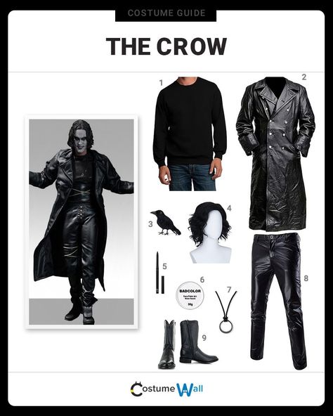 The Crow Costume The Crow Outfit, The Crow Costume, Black Curly Wig, Crow Costume, Cult Classic Movies, White Face Paint, Got Costumes, Black Curly, Last Minute Costumes