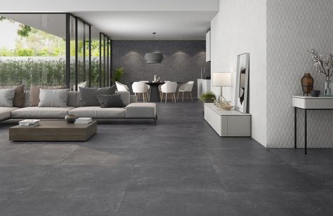 Dark Gray Flooring Living Room, Grey Flooring Living Room, Dark Tile Floors, Interior Design Portfolio Layout, Living Room Decor Tips, Tiles Living Room, Living Room And Kitchen Design, Tile Floor Living Room, Concrete Look Tile