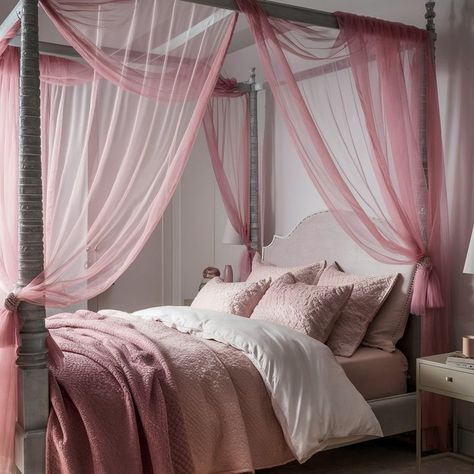 "Dreamy pink canopy bed with flowing sheer drapes, plush white and blush bedding, surrounded by soft ambient lighting in a whimsical bedroom setting." Pink Canopy Bedroom, Pink Canopy Bed, Pink Canopy, Antique Room, Plush Bedding, Pink Antique, Canopy Bedroom, Pink Bedrooms, Blush Tones