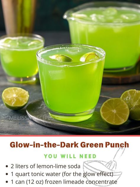 Melissa Recipes | Glow-in-the-Dark Green Punch | Facebook Glow In The Dark Punch, Green Punch, Halloween Party Drinks, Halloween Punch, Lemon Lime Soda, Party Punch, Glow Effect, Tonic Water, Halloween Food