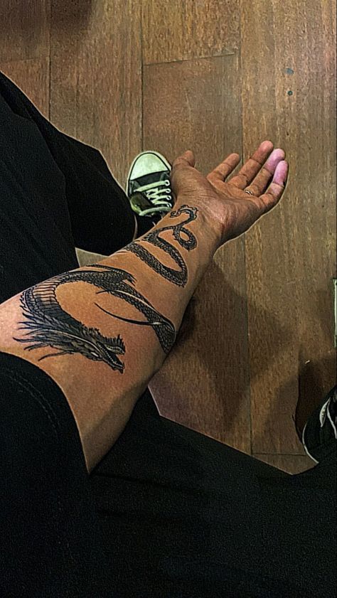 Back Arm Tattoo For Men Ideas, Men’s Dragon Tattoo Arm, Hand Wrapping Tattoo, Dragon Tattoo On Forearm Men, Japanese Dragon Tattoos For Men Forearm, Dragon Tattoo Wrapped Around Arm Men, Dragon Tattoo Ideas Men, Man Dragon Tattoo, Chinese Dragon Tattoos Men Forearm