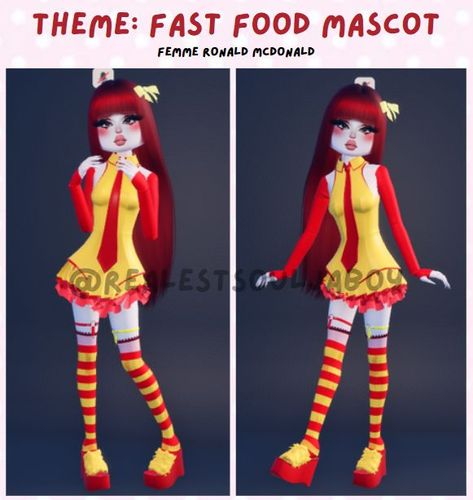 Ronald Mcdonald Dti Outfit, Ronald Mcdonald’s Dti, Fast Food Mascot Outfits Dress To Impress, Dit Outfit Combos, Burger Dti Outfit, Dress To Impress Ronald Mcdonald, Combo Dress To Impress No Vip, Food Dress To Impress Outfit, Fast Food Mascot Dti Outfit