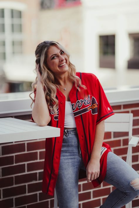 Braves girls jersey Braves Jersey Outfit Women, Baseball Fits, Jersey Outfits, Baseball Jersey Outfit, Braves Jersey, Gameday Outfits, Big Energy, Atlanta Braves Baseball, Braves Baseball