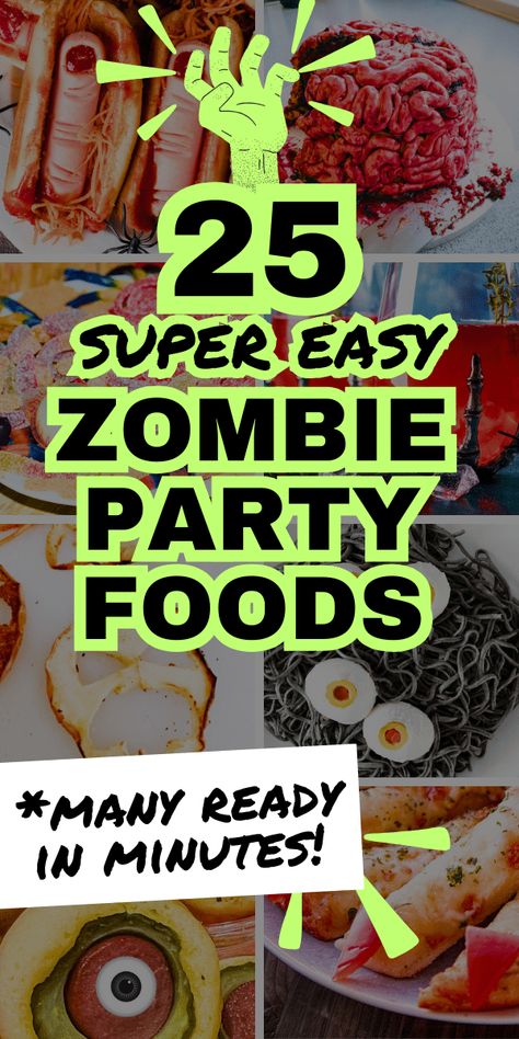 Easy DIY Zombie Party Food Recipes For Kids - Easy zombie recipes great for zombie themed parties, Halloween party for kids or Walking Dead party menu ideas. SUPER EASY HALLOWEEN FOODS and fun for Zombie Apocalypse Party ideas for zombie themes all year or zombie birthday party. #zombiefood #zombierecipe #grossfoods #zombieparties #monsterparty Zombie Dinner Ideas, Zombie Themed Party Food, Zombie Halloween Party Food Ideas, Zombie Snacks Food Party Ideas, Zombie Apocalypse Party Ideas, Zombie Sandwich, Zombie Cake Ideas, Zombie Desserts, Zombie Birthday Party Ideas