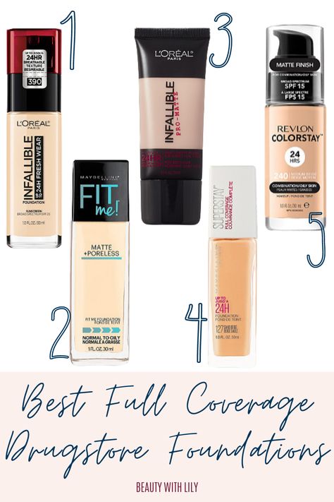 Best Full Coverage Drugstore Foundations // Foundation for Oily Skin Foundation for Combination Skin // Drugstore Makeup // Affordable Makeup for Oily Skin // Full Coverage Makeup // Glam Makeup // How To Conceal Acne | Beauty With Lily #drugstoremakeup #fullcoveragefoundation Full Coverage Drugstore Foundation, Best Foundation For Combination Skin, Eyes Inspiration, Makeup Affordable, Acne Beauty, Revlon Colorstay Foundation, Best Drugstore Foundation, Drugstore Hair Products, Drugstore Concealer