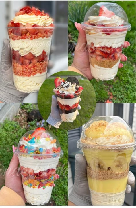 Ice Cream Cups Ideas, Snack Selling Ideas, Baked Items To Sell, Selling Sweets Ideas, Bakery Selling Ideas, Cake Cup Flavors, Food Truck Snacks, Dessert Recipes To Sell, Dessert Food Truck Ideas