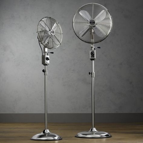 RH’s Allaire telescoping floor fan is constructed of shiny solid steel; $259 for 12-inch-diameter model. rh.com Fan Repair, Pedestal Fans, Floor Fans, Industrial Fan, Pedestal Fan, Room Fan, Vintage Floor, Modern Fan, Floor Fan