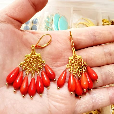 Beautiful Red Bamboo Coral and 24k Gold Filled Chandellier Earrings Coral Jewelry Indian Gold Earrings, Coral Earrings Gold Indian, Coral Beads Earrings Gold, Coral And Pearl Earrings, Traditional Handmade Red Coral Beads, Gold Round Red Coral Jewelry, Polished Red Coral Gold Beads, Red Coral Jewellery, Antique Gold Earrings