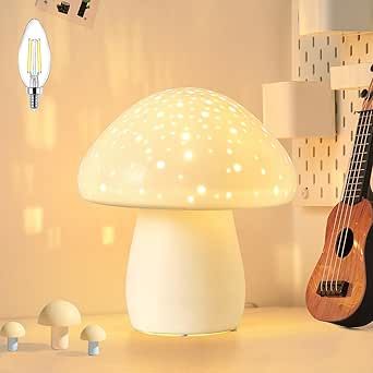 BOHON Mushroom Lamp, Ceramic Bedside Table Lamp for Bedroom Nightstand, Cute Night Light LED Small Lamp for Living Room Kids Home Office Desk Nursery Decor Girl Gifts, LED Bulb Included, White Kids Night Lamp, Cute Mushroom Lamp, Kawaii Items Night Lights, Small Mushroom Lamp, Cute Night Lights Children, Teenage Girl Room, Lamp Ceramic, Cute Night Lights, Bedroom Nightstand