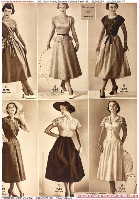 1951 Sears Spring Summer Catalog, Page 129 - Catalogs & Wishbooks Model Bridesmaid, Indigo Fashion, Vintage Clothes Patterns, 1950’s Fashion, Girls Dresses Sewing, 60s 70s Fashion, Fifties Fashion, Vintage Everyday, Vintage Wardrobe