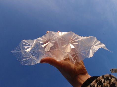 Clear, frosted polypropylene. Sculpture created by folding a tessellated design. From one sheet. Origami Architecture, Origami And Kirigami, Graphisches Design, Paper Engineering, Folding Origami, Origami Paper Art, Paper Crafts Origami, Paper Folding, Kirigami