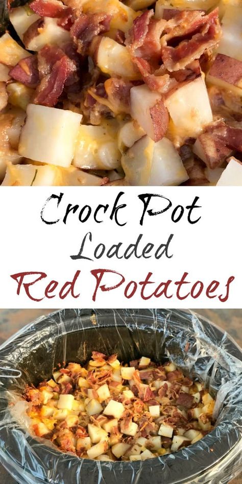 simple red potatoes in crock pot loaded with bacon, ranch seasoning, cheese and chives Red Potato Crockpot Recipes, Crockpot Sides Recipes, Recipes With Red Potatoes, Loaded Red Potatoes, Crock Pot Potluck Recipes, Vegetables Crockpot, Potatoes In Crock Pot, Side Potatoes, Steakhouse Potatoes