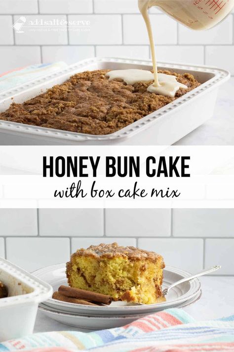 Our cinnamon swirl honey bun cake with box cake mix is swirled with cinnamon and brown sugar and topped with a sweet vanilla glaze. Easy to make and deliciously gooey! Cinnamon Honey Bun Cake, Honey Bun Cake With Box Cake, Hunny Bun Cake, Honey Bun Cake Recipe, Cake Mix Coffee Cake, Honeybun Cake, Nestle Chocolate Chip Cookies, Draught Stopper, Honey Bun Cake