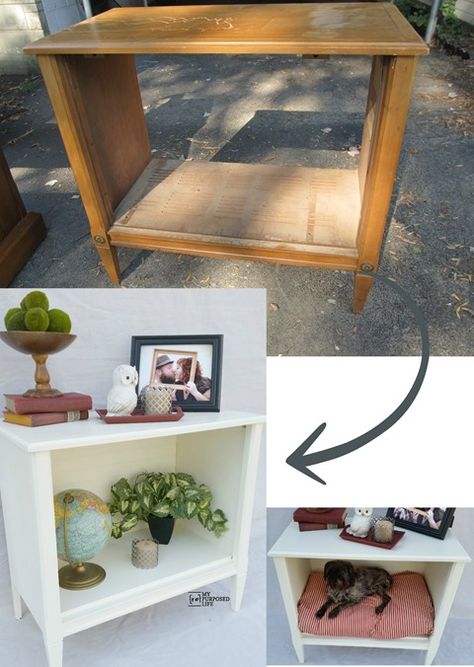 Re-purposed TV Stand Side Table Repurposed Tv Stand, Tv Stand Upcycle, Furniture Tv Stand, Cabinet Side Table, Old Tv Stands, Shelf Makeover, Furniture Ads, Side Stand, Diy Garden Furniture