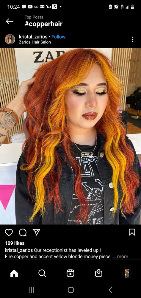 Copper To Yellow Hair, Creative Copper Hair, Vivid Hair Color 2023, Ginger And Yellow Hair, Copper And Yellow Hair, Copper Split Dye, Copper And Pink Hair, Two Tone Red Hair, Red Yellow Hair