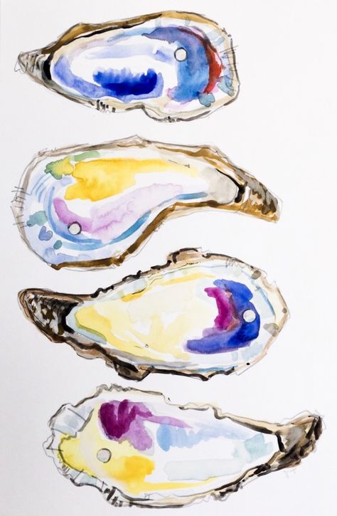 How To Draw An Oyster Shell, Oyster Drawing, Seashore Watercolor Paintings, Oyster Painting, Oyster Drawing Illustration, Watercolor Oyster, Oyster Art, Watercolor Oyster Shells, Oyster Watercolor