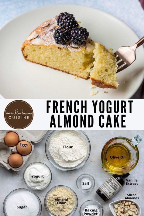 French Yogurt Cake with Almonds is an extremely easy-to-make cake that is moist and delicious—perfect for brunch or afternoon tea! Yogurt Cake French, Almond Yogurt Cake, Almond Flour Yogurt Cake, French Almond Cake, Easy To Make Cake, Almond Flour Desserts, French Yogurt, French Yogurt Cake, Almond Flour Cakes