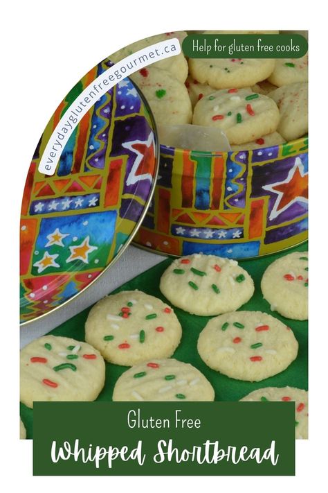 Gluten Free Whipped Shortbread Cookies - Everyday Gluten Free Gourmet Gluten Free Holiday Baking, Whipped Shortbread, Whipped Shortbread Cookies, Gluten Free Holiday, Holiday Sprinkles, Holiday Favorite Recipes, Candy Sprinkles, Shortbread Recipes, Food Writing