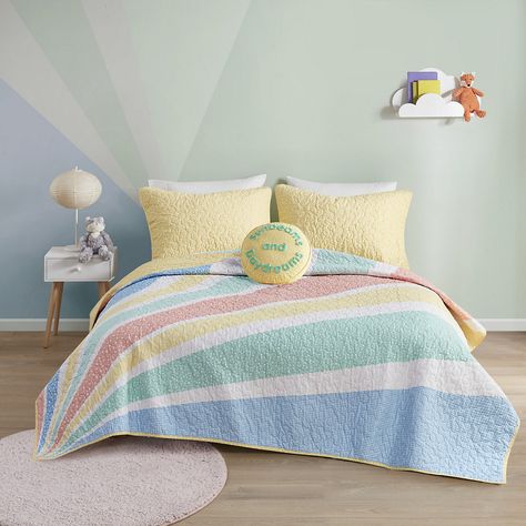 Urban Habitat Kids' Jessie Rainbow Sunburst Reversible Cotton Coverlet Set Round Decorative Pillows, Queen Size Bed Sets, Rainbow Bedding, Cotton Comforter Set, Urban Habitat, Sunburst Pattern, How To Clean Pillows, Cotton Quilt Set, Yellow Bedding