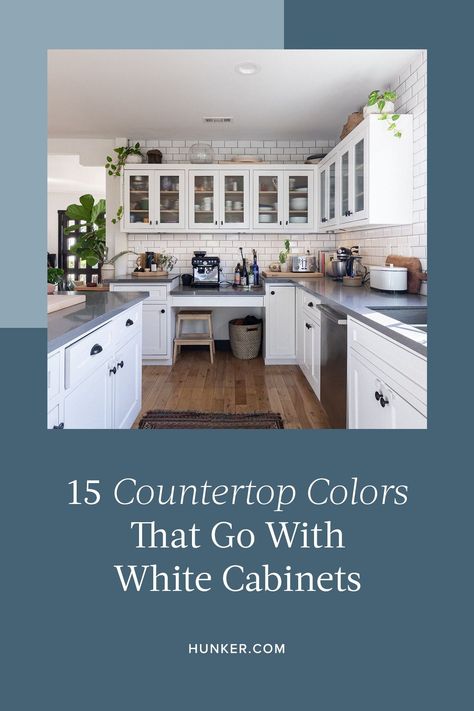 White Countertop White Cabinets, 2 Countertop Colors In Kitchen, White Cabinets Light Countertops, Countertop Colors For White Cabinets, White Cabinet Countertop Ideas, Countertop For White Cabinets, Kitchen Countertop Colors, White Cupboard, White Shaker Kitchen Cabinets