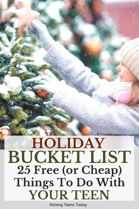 The holidays sure can be expensive - but with a little creativity, we can give our teenagers a fun and festive Christmas without breaking the bank! For ideas on how to make your teen's holiday magical, read: Holiday Bucket List: 25 Free (or Cheap) Things to Do with Your Teen #bucketlist #holidaybucketlist #Christmasbucketlist #Christmasbucketlistforfamilies #parentingteens #christmasfun #familyfun #parentsoftweens #parentsofteens Things To Do Christmas, Holiday Charades, Cheap Family Activities, Holiday Reading List, Holiday Bucket List, Bucket List For Teens, Christmas Things To Do, Christmas To Do List, Christmas Bucket List