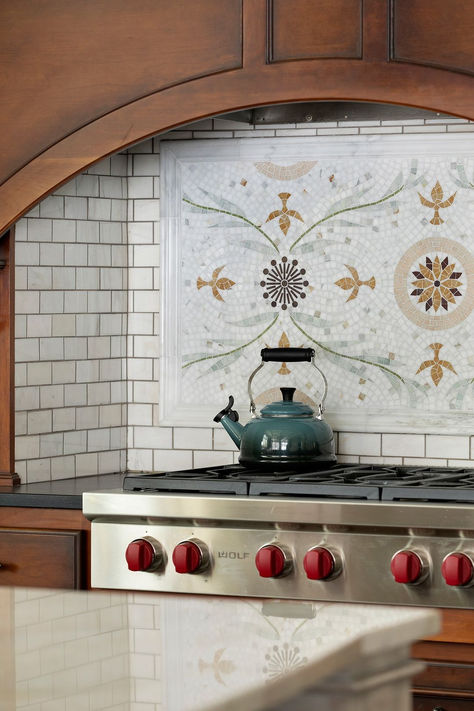 Backsplash niche: custom New Ravenna mosaic design Tile source: Fantasia Showroom Interiors: Julian Design Mosaic Kitchen Backsplash, Ravenna Mosaics, Custom Backsplash, New Ravenna, Spill The Tea, The Perfect Kitchen, Mosaic Backsplash, Homeward Bound, Living Room Goals