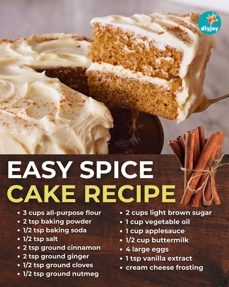 This spice cake recipe is filled with your favorite fall spices, perfectly complementing the rich and tangy cream cheese frosting. Spices Cake Recipes, Super Moist Spice Cake Recipes, Moist Spice Cake Recipes, Homemade Spice Cake Mix Recipe, Spiced Cake Recipes, Cheap Deserts, Old Fashioned Spice Cake Recipe, Easy Spice Cake, Spice Cake Mix Recipes