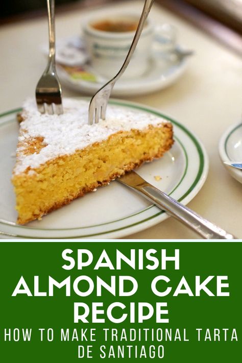 There are many delicious typical Spanish desserts, but tarta de Santiago takes the cake (pardon the pun) in my book. This almond cake from Spain is so light and flavorful, as well as super easy to make. Follow my tarta de Santiago recipe and enjoy it after you've polished off plenty of tapas! #dessert #Spain Spanish Almond Cake, Almond Desserts, Spanish Desserts, Strawberry Salsa, Almond Cake Recipe, Spain Food, Tapas Recipes, Gluten Free Cake, Almond Cake