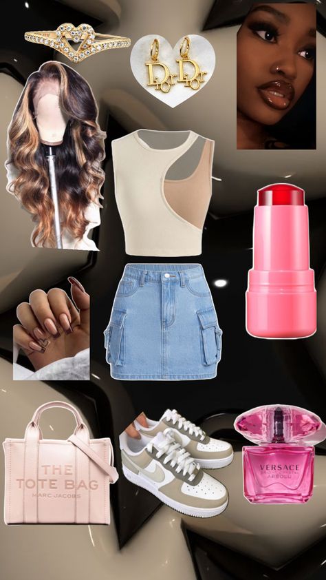 Clothes, skirt, crop top, black girl, wig, chapstick, perfume, shoes, purse, hairstyle Skirt Crop Top, Clothes Skirt, Skirt Crop, Easy Trendy Outfits, Girly Outfits, Trendy Outfits, Wigs, Crop Top, Purse