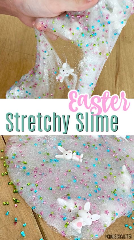 Pull, stretch, knead, push, and play with this easy Easter slime. #slime #kidsactivities Bunny Sensory Activities, Preschool Easter Learning Activities, Spring Activities For Toddlers Art, Easter Slime Ideas, Easter Activities For School Age, Easter Experiments For Kids, Easter Science Experiments Preschool, Easter Crafts For Kids Elementary, Easter Sensory Play