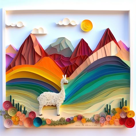 quilling, paper quilling, paper, 3d, elevated, landscape, vector, sky, sheep, nature, illustration, sun, sunset, cloud, sunrise, tree, mountains, summer, mountain, cartoon, autumn, travel, orange, desert, clouds, hill, field, water, day, art, hills, green, village, land, grass, drawing, flower, farm, animals, children, design, rainbow Paper Quilling Mountains, Quilling Mountains, Paper Quilling Landscape, Quilling Landscape, Quilled Mosaic, Landscape With Rainbow, Quiling Paper Art, Rainbow Sheep, Arte Quilling