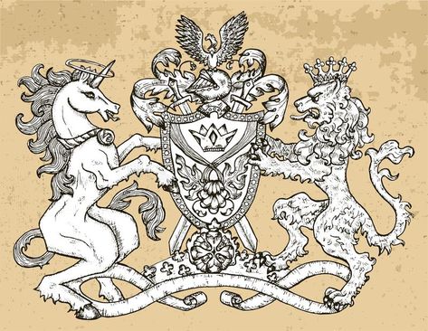 The Lion And The Unicorn, Medieval Lion Drawing, Unicorn Coat Of Arms, Medieval Dog Illustration, Woodcut Unicorn, Unicorn Medieval Art, Medieval Horse, Horse Rearing, Lion And Unicorn