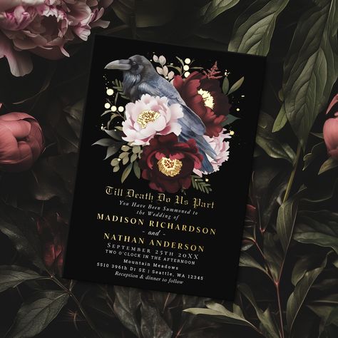 🥀Romantic Gothic Watercolor Raven Floral Wedding Foil Invitation🥀 This goth floral raven wedding design features a simple, moody watercolor illustration of a raven perched on a bouquet. It is perfect for a timeless romantic goth wedding or other special occasion. It is beautifully suited to a spooky Halloween event in the fall or a unique winter event in a casual or formal setting. This invite features real foil. Swipe to see the available colors. For more invitations and gifts our Zazzle s... Romantic Goth Wedding, Raven Wedding, Gothic Watercolor, Moody Watercolor, Raven Perched, Goth Floral, Marriage Announcement, Wedding Details Card, Goth Wedding