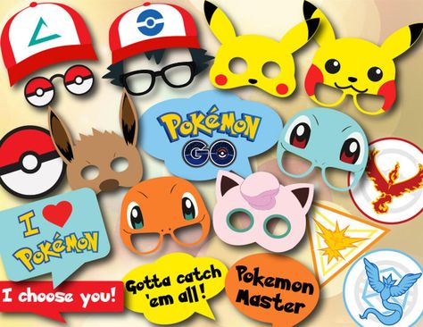 Digital Pokemon Photo Booth Props Printable Pokemon Go Party | Etsy Pokemon Party Supplies, Birthday Pokemon, Pokémon Birthday, Pokémon Party, Birthday Party Props, Photobooth Props Printable, Pokemon Photo, Pokemon Cake, Pokemon Birthday Party