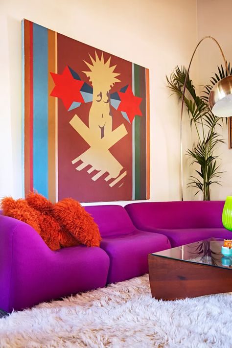 Retro Modern Melbourne Rental House With Purple Sectional Sofa | Apartment Therapy Purple Sectional, Apartment Deco, Purple Sofa, Affordable Sofa, Sunken Living Room, Retro Sofa, Decorating Advice, Leather Corner Sofa, Modular Lounges