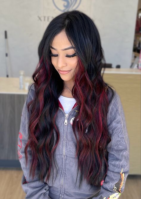 Dark hair with long red and black hair extensions Black Hair With Red Highlights, Black And Red Hair, Red Hair Extensions, Maroon Hair, Black Red Hair, Red Ombre Hair, Black Hair Balayage, Haircuts For Long Hair With Layers, Hair Color Underneath