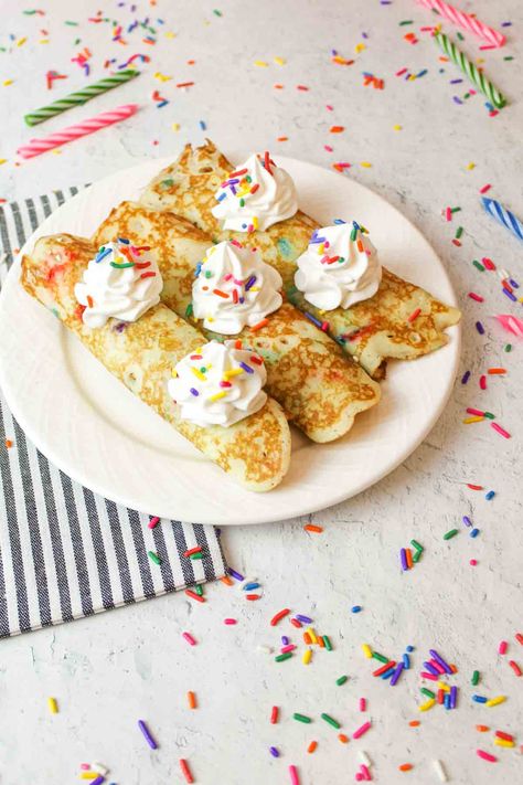 Birthday Cake Crepes - BeeyondCereal Cake Crepes, Crepe Batter, Funfetti Cake Mix, Sweet Crepes, French Crepes, Funfetti Cake, Pastry Brushes, Breakfast Options, Vanilla Pudding